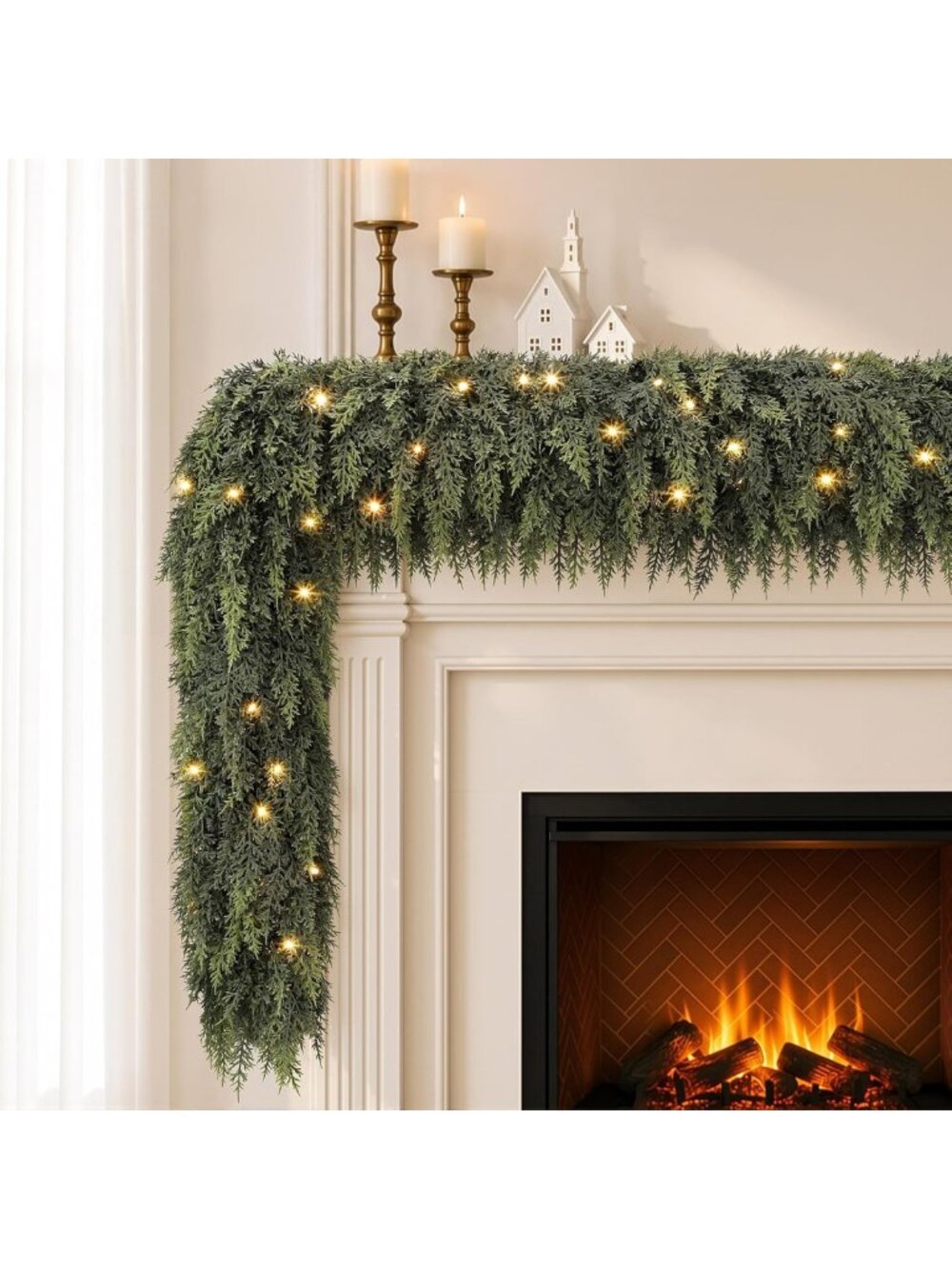 9FT Pre-Lit Cedar Christmas Garland - Realistic Touch Holiday Mantel Decor